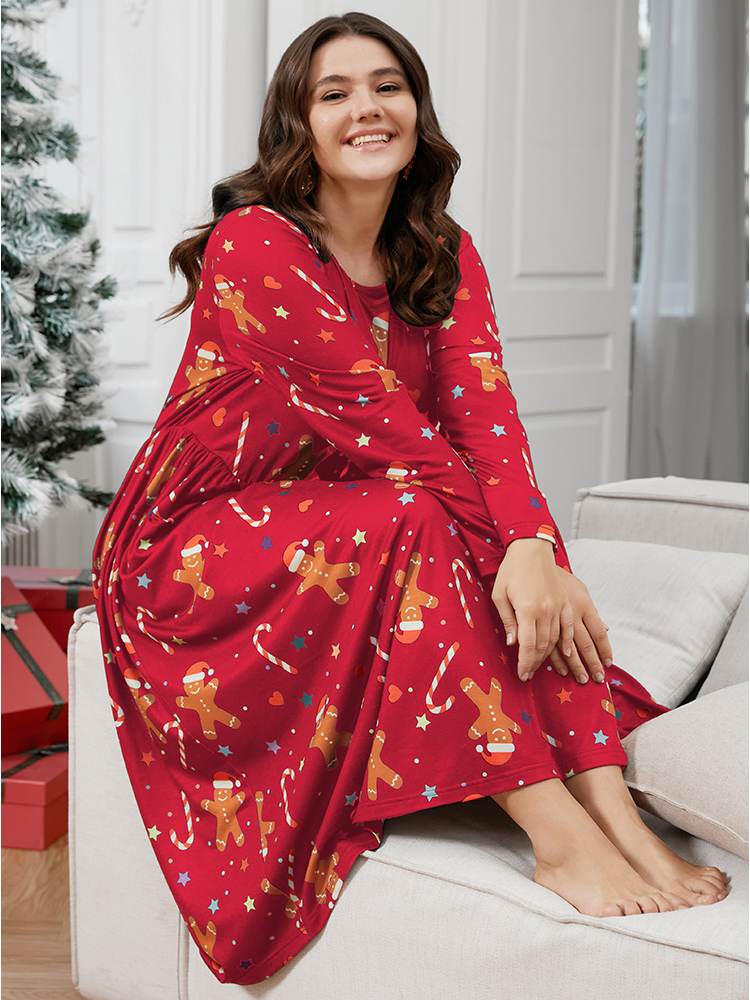 

Plus Size Gingerbread Man Print Pocket Flutter Hem Dress Red Long Sleeve Round Neck Casual Festival-Christmas  Bloomchic